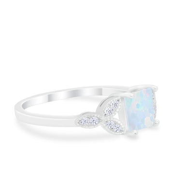 Art Deco Design Engagement Ring Princess Cut Lab Created White Opal 925 Sterling Silver